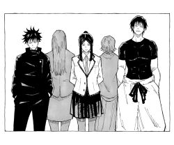 Rule 34 | 2boys, 4girls, arms behind back, black hair, black jacket, black shirt, brother and sister, facing viewer, family, father and daughter, father and son, fushiguro megumi, fushiguro touji, fushiguro tsumiki, greyscale, hands in pockets, high collar, highres, jacket, jujutsu kaisen, jujutsu tech uniform, long hair, looking to the side, love helix, monochrome, multiple boys, multiple girls, pants, ponytail, scar, scar on face, scar on mouth, school uniform, shirt, siblings, skirt, spiked hair, step-siblings