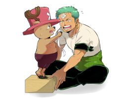Rule 34 | 2boys, anger vein, bandaid, bandaid on face, bandaid on forehead, facial hair, feeding, flying sweatdrops, green hair, height difference, highres, male focus, multiple boys, one piece, roronoa zoro, short hair, sideburns stubble, sitting, stubble, tearing up, toned, toned male, tony tony chopper, udon oneday, worried