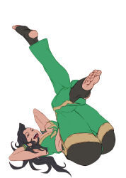 Rule 34 | 1girl, :d, absurdres, black hair, breasts, brown eyes, cleavage, feet, feet up, green pants, green tank top, highres, large breasts, laura matsuda, legs up, lying, on back, open mouth, pants, smile, stirrup legwear, street fighter, street fighter v, tank top, toeless legwear, toes, zack (samuraigirl)