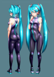 Rule 34 | 1girl, :o, alternate costume, aqua background, aqua eyes, aqua hair, arm behind back, arm strap, ass, bad id, bad pixiv id, bare shoulders, blush, bodysuit, breasts, clenched hand, covered navel, from behind, full-length zipper, full body, hair ornament, hatsune miku, headset, highres, holding own arm, kneepits, long hair, looking at viewer, multiple views, nail polish, neon trim, open mouth, pigeon-toed, profile, saodake, shiny clothes, simple background, skin tight, small breasts, standing, sweatdrop, tattoo, turnaround, turtleneck, twintails, unitard, very long hair, vocaloid, x-ray, zipper