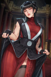 Rule 34 | 1girl, avatar: the last airbender, avatar legends, black hair, blunt bangs, breasts, brown eyes, cape, clothes lift, double bun, dress, dress lift, fingerless gloves, front slit, gloves, hair bun, head tilt, highres, licking lips, long hair, looking at viewer, mai (avatar), nail polish, naughty face, neoartcore, solo, teeth, thighhighs, tongue, tongue out, upper teeth only