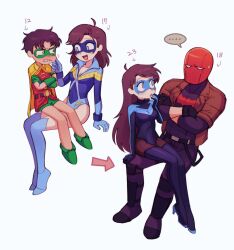 Rule 34 | ..., 1boy, 1girl, age progression, ahoge, batman (series), batrobin k, black footwear, blue eyes, blue leotard, blush, boots, breasts, brown hair, cleavage, crossed arms, dc comics, dick grayson, genderswap, genderswap (mtf), gloves, green gloves, high heel boots, high heels, highres, jason todd, leotard, long hair, medium breasts, medium hair, multiple boys, multiple girls, nightwing, open mouth, parted lips, progression, red hood (dc), robin (dc), short hair, simple background, sitting, sitting on lap, sitting on person, smile, speech bubble, spoken ellipsis, teen titans, thigh boots