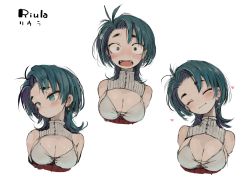 Rule 34 | 1girl, bare shoulders, blue eyes, blue hair, blush, breasts, character name, cleavage, cleavage cutout, closed mouth, clothing cutout, commentary request, earrings, ebimomo, embarrassed, closed eyes, fang, fangs, heart, highres, jewelry, large breasts, looking at viewer, medium hair, mole, mole under eye, multiple views, open mouth, riula (stones of dragon), simple background, single earring, smile, stones of dragon, upper body, white background