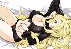Rule 34 | 1girl, alternate eye color, artist name, bed sheet, black panties, black shirt, blonde hair, breasts, commentary, creatures (company), cynthia (pokemon), dated, english commentary, fur collar, fur cuffs, game freak, hair ornament, hair over one eye, large breasts, long hair, long sleeves, looking at viewer, lying, mina cream, navel, nintendo, on back, panties, parted lips, pokemon, pokemon dppt, shirt, solo, stomach, thighs, tight clothes, tight shirt, underwear, very long hair, wavy hair, yellow eyes