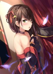 Rule 34 | 1girl, bad id, bad pixiv id, bare shoulders, black dress, blush, braid, breasts, brown hair, character request, choker, crown braid, curtains, dress, elbow gloves, eyebrows, from side, gloves, green eyes, hair between eyes, hair ribbon, indoors, long hair, looking at viewer, luoxuan jingjie xian, medium breasts, open mouth, petals, red ribbon, ribbon, solo, strapless, strapless dress, suzuame yatsumi, teeth, upper body, window