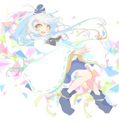 Rule 34 | 1girl, boots, female focus, full body, hat, japanese clothes, kamome, long hair, long sleeves, looking at viewer, mononobe no futo, open mouth, ponytail, shirt, silver hair, skirt, smile, solo, tate eboshi, touhou, white background, wide sleeves, yellow eyes