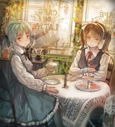 Rule 34 | 1boy, 3girls, aircraft, airship, birdcage, bow, brown eyes, brown hair, cafe, cage, cake, cake slice, chair, coffee maker, crossed arms, cup, dress, eyebrows, food, frills, grey hair, hair bow, hair ribbon, hairband, highres, holding, holding cup, indoors, lace, light frown, light smile, long sleeves, looking at viewer, multiple girls, necktie, original, pvmivs, rabbit, ribbon, saucer, sitting, table, tablecloth, teacup, tiered tray, twintails, vest, window