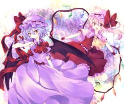 Rule 34 | 2girls, :d, bad id, bad pixiv id, bat wings, blonde hair, blue hair, bow, female focus, flandre scarlet, happy, hat, highres, large bow, multiple girls, one side up, open mouth, orange eyes, outstretched arms, ponytail, red eyes, remilia scarlet, riichu, short hair, siblings, side ponytail, sisters, smile, spread arms, touhou, tsurime, wings, wrist cuffs