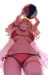 Rule 34 | 1girl, akai haato, ball, beachball, bikini, blonde hair, breasts, breasts apart, goshiki suzu, hair ornament, highres, holding, holding ball, holding beachball, hololive, large breasts, long hair, looking at viewer, open mouth, red bikini, side-tie bikini bottom, sidelocks, solo, swimsuit, thigh strap, twintails, very long hair, virtual youtuber, wavy hair, white background