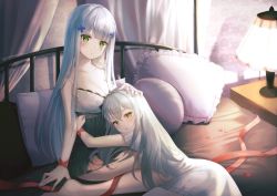 Rule 34 | 2girls, alternate costume, bed, bed sheet, breasts, cleavage, commentary request, curtains, g11 (girls&#039; frontline), girls&#039; frontline, green eyes, highres, hk416 (girls&#039; frontline), hug, korean commentary, lamp, large breasts, lingerie, multiple girls, pajamas, headpat, pillow, ribbon, sarablanche, silver hair, underwear, yellow eyes