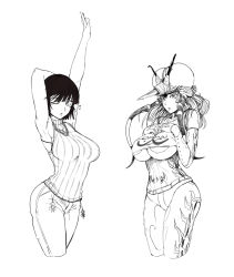 Rule 34 | 2girls, armpits, arms behind head, arms up, arthropod girl, bare shoulders, breast suppress, breasts, casual, fubuki (one-punch man), highres, large breasts, long hair, looking at viewer, monochrome, mosquito girl, mosquito musume, multiple girls, one-punch man, one eye closed, open mouth, short hair, standing, tagme, the golden smurf, underboob