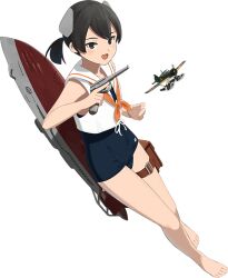 Rule 34 | 1girl, aircraft, airplane, black eyes, black hair, blue one-piece swimsuit, full body, gun, hair ornament, handgun, i-41 (kancolle), kantai collection, looking at viewer, machinery, official art, one-piece swimsuit, open mouth, ponytail, sailor collar, school swimsuit, school uniform, serafuku, shibafu (glock23), shirt, short hair, short ponytail, sleeveless, smile, solo, submarine, swimsuit, swimsuit under clothes, transparent background, watercraft, weapon, white sailor collar
