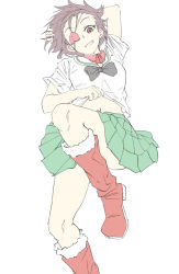 Rule 34 | 1girl, arm behind head, arm up, black neckwear, blouse, boots, bow, bowtie, brown eyes, brown hair, collar, commentary, detached collar, eyepatch, food, from above, fruit, girls und panzer, green skirt, grin, hair pulled back, hairband, knee boots, leg up, looking at viewer, lying, microskirt, midriff, miniskirt, mituki (mitukiiro), momogaa (girls und panzer), navel, neckerchief, on back, ooarai school uniform, peach, pink collar, pink hairband, pleated skirt, red footwear, school uniform, serafuku, shirt, short hair, short sleeves, simple background, skirt, smile, solo, white background, white shirt