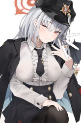 Rule 34 | absurdres, black hat, black jacket, black pantyhose, black skirt, black wings, blue archive, bra visible through clothes, breasts, center frills, closed mouth, collared shirt, commentary request, crossed legs, demon wings, frills, grey hair, halo, hand up, haruna (blue archive), hat, high-waist skirt, highres, jacket, jacket on shoulders, large breasts, long sleeves, one eye closed, open clothes, open jacket, pantyhose, peaked cap, red eyes, red halo, shirt, simple background, single wing, sitting, skirt, umber00, white background, white shirt, wings