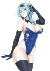 Rule 34 | 1girl, absurdres, bare shoulders, black hairband, black thighhighs, blue hair, blush, breasts, deroo, detached collar, eula (genshin impact), genshin impact, hairband, highres, large breasts, leotard, looking at viewer, medium hair, playboy bunny, purple eyes, simple background, solo, thighhighs, thighs, white background