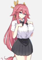 Rule 34 | 1girl, absurdly long hair, absurdres, alternate costume, animal ears, black skirt, bow, bowtie, breast pocket, breasts, button gap, collared shirt, commentary request, contemporary, earrings, fox ears, genshin impact, hair between eyes, hair ornament, hands on own chest, highres, jewelry, large breasts, line4x, long hair, looking at viewer, low-tied long hair, paw pose, pink hair, pleated skirt, pocket, purple eyes, resolution mismatch, school uniform, shirt, short sleeves, sidelocks, simple background, skirt, smile, solo, source smaller, tented shirt, very long hair, vision (genshin impact), white shirt, yae miko