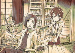Rule 34 | 2boys, alexander (fate), beaker, black hair, bob cut, bookshelf, braid, carrying, cowboy shot, fate/grand order, fate/zero, fate (series), flask, kawasemi (pocorit), lab burner stand, lab condenser, lab coat, long sleeves, looking at another, male focus, multiple boys, necktie, pointing, ponytail, red hair, sepia, shorts, sitting, sleeves rolled up, sweater vest, test tube, waver velvet, window