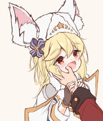 Rule 34 | 1boy, 1girl, animal ear fluff, animal ears, animal hat, blonde hair, blush, brown background, brown gloves, commander (girls&#039; frontline), fake animal ears, finger in another&#039;s mouth, fingerless gloves, fur hat, girls&#039; frontline, gloves, griffin &amp; kryuger military uniform, hair between eyes, hands up, hat, highres, long hair, long sleeves, matsuo (matuonoie), mod3 (girls&#039; frontline), nagant revolver (girls&#039; frontline), nagant revolver (mod3) (girls&#039; frontline), open mouth, out of frame, red eyes, shirt, simple background, solo focus, upper body, white headwear, white shirt