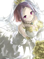 Rule 34 | 1girl, bare shoulders, blush, bouquet, breasts, cleavage, closed mouth, commentary request, dress, elbow gloves, eschamali (p&amp;d), eyelashes, feathered wings, flower, gem, gloves, gold trim, highres, holding, holding bouquet, jewelry, large breasts, long hair, looking at viewer, looking up, mosamune, necklace, purple eyes, purple hair, puzzle &amp; dragons, rose, see-through, short hair, simple background, smile, solo, strapless, strapless dress, taut clothes, taut dress, v arms, veil, white background, white dress, white gloves, white wings, wings, yellow flower, yellow rose