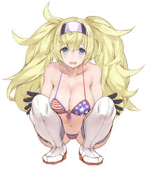 Rule 34 | 1girl, american flag bikini, american flag print, artist name, bikini, black gloves, blonde hair, blue eyes, boots, breasts, cleavage, commentary request, flag print, front-tie bikini top, front-tie top, full body, gambier bay (kancolle), gloves, hairband, hands on own knees, highres, kantai collection, large breasts, long hair, looking at viewer, navel, open mouth, print bikini, revision, ryo (tg290), simple background, solo, squatting, star (symbol), star print, striped bikini, striped clothes, swimsuit, thigh boots, thighhighs, twintails, white background, white footwear, white thighhighs