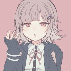 1girl :o black_shirt blush breasts brown_hair chi_gu collared_shirt danganronpa_(series) danganronpa_2:_goodbye_despair drooling hand_up jacket large_breasts looking_at_viewer medium_hair nanami_chiaki neck_ribbon open_clothes open_jacket pink_background pink_eyes pink_ribbon ribbon shirt simple_background sleeves_past_wrists solo spaceship_hair_ornament white_shirt