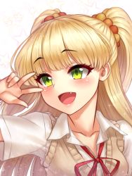 Rule 34 | 10s, :d, blonde hair, blush, collarbone, fang, green eyes, idolmaster, idolmaster cinderella girls, jougasaki rika, long hair, open mouth, school uniform, smile, solo, sweater vest, twintails, two side up, upper body, v, v over eye, yapo (croquis side)
