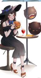 Rule 34 | 1girl, absurdres, abyssal ship, alternate costume, black dress, black hair, black hat, black nails, breasts, burger, cup, dress, drinking glass, food, french fries, glowing, glowing eyes, hat, high heels, highres, holding, holding food, horns, isolated island oni, kantai collection, lolita fashion, long hair, mokuren (mozukukirai88), nail polish, red eyes, sandals, sitting, small breasts, solo, stool, sun hat, sundress, table, very long hair