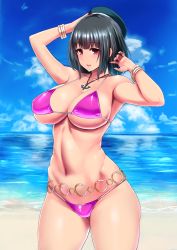 Rule 34 | 10s, 1girl, armpits, arms up, beach, belt, bikini, black hair, bracelet, breasts, cleavage, curvy, female focus, hat, ishimiso (ishimura), jewelry, kantai collection, large breasts, o-ring, o-ring belt, ocean, pink bikini, red eyes, sand, short hair, solo, swimsuit, takao (kancolle), thick thighs, thighs, water, wide hips