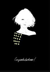 Rule 34 | 1girl, black background, blending, congratulations, english text, hair over one eye, illustration.media, looking at viewer, monochrome, original, short hair, simple background, solo, sousou (sousouworks), spikes, spot color, white hair