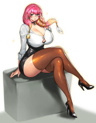 Rule 34 | 1girl, absurdres, alternate costume, black footwear, black thighhighs, blonde hair, blouse, blue eyes, blush, breasts, buttons, choker, cleavage, closed mouth, collarbone, commentary, commission, contemporary, crossed legs, curvy, earrings, fire emblem, fire emblem heroes, full body, glasses, gradient hair, gunnthra (fire emblem), gurimjang, hair ornament, hand up, high heels, highres, huge breasts, jewelry, lips, long hair, long sleeves, multicolored hair, nintendo, office lady, pink hair, pixiv commission, shadow, shiny clothes, shiny skin, shirt, simple background, sitting, smile, solo, thighhighs, thighs, two-tone hair, white shirt, wide hips