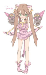 Rule 34 | 1girl, animal ears, animal hands, bad id, bad pixiv id, banana, blade (galaxist), brown hair, cham cham, cham cham (cosplay), cosplay, eating, food, fruit, full body, gloves, green eyes, huang lingyin, infinite stratos, paw gloves, paw shoes, samurai spirits, shoes, simple background, solo, twintails, white background