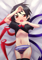 Rule 34 | 1boy, arms up, asymmetrical wings, black hair, black thighhighs, bow, bowtie, bulge, clothes lift, fang, genderswap, genderswap (ftm), highres, houjuu nue, jeno, lying, male focus, midriff, navel, no pants, on back, open mouth, panties, red eyes, saliva, shirt lift, slit pupils, solo, striped clothes, striped panties, thighhighs, touhou, trap, underwear, wings