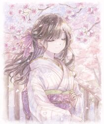 1girl absurdres border bow branch brown_hair closed_eyes closed_mouth commentary_request fading_border falling_petals flower hair_bow highres japanese_clothes kimono long_hair nazumi_shiho obi obijime original painting_(medium) petals pink_bow pink_flower plum_blossoms sash solo striped_clothes striped_kimono traditional_media twitter_username upper_body vertical-striped_clothes vertical-striped_kimono watercolor_(medium) white_border