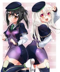 Rule 34 | 2girls, absurdres, ass, atlas academy school uniform, bad id, bad pixiv id, beret, black hair, blue capelet, blue headwear, blue thighhighs, blush, border, breasts, brown eyes, capelet, closed mouth, dress, fate/grand order, fate/kaleid liner prisma illya, fate (series), glasses, hair ornament, hairclip, hand on own hip, hat, highres, illyasviel von einzbern, long hair, long sleeves, looking at viewer, miyu edelfelt, momoiro tanuki, multiple girls, open mouth, pink background, purple dress, red eyes, school uniform, small breasts, smile, thighhighs, thighs, twintails, v, white border, white footwear, white hair