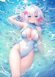 Rule 34 | 1girl, blue eyes, breasts, casual one-piece swimsuit, cleavage cutout, clothing cutout, covered navel, flower, hair flower, hair ornament, highres, large breasts, long hair, one-piece swimsuit, original, partially submerged, pink flower, solo, sorakase sawa, swimsuit, turtleneck, two-tone swimsuit, water, white hair, white one-piece swimsuit, wristband