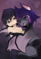 Rule 34 | 1boy, 1girl, animal ear fluff, animal ears, bat ears, bat girl, bat wings, bite mark, black eyes, black hair, black shorts, blood, blood in mouth, blood on face, colored skin, fangs, feet out of frame, green pupils, grey skin, highres, looking at another, monster girl, open mouth, original, purple background, purple hair, ruu bot, short hair, shorts, simple background, smile, tongue, tongue out, vampire, wing hug, winged arms, wings
