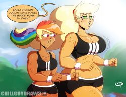 Rule 34 | 2girls, applejack, blonde hair, bouncing breasts, breast envy, breasts, green eyes, large breasts, medium breasts, multiple girls, my little pony, my little pony: friendship is magic, personification, thighs, wide hips