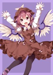 Rule 34 | 1girl, :d, arms up, bird wings, brown dress, brown hat, dress, feathered wings, frilled sleeves, frills, hat, highres, long sleeves, looking at viewer, mary janes, mob cap, mystia lorelei, open mouth, outstretched arms, pantyhose, pink eyes, pink hair, puffy sleeves, purple background, ruu (tksymkw), shoes, short hair, simple background, smile, solo, touhou, undershirt, white wings, winged hat, wings