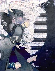 Rule 34 | 1girl, belt, black background, blue belt, breasts, collar, collared dress, dress, grey background, grey dress, grey eyes, grey hair, grey kimono, hair between eyes, hand fan, hands up, hat, highres, japanese clothes, kimono, long sleeves, looking at viewer, medium breasts, mob cap, on ( l0 ), open mouth, pink hair, saigyouji yuyuko, short hair, smile, solo, touhou, white background, wide sleeves