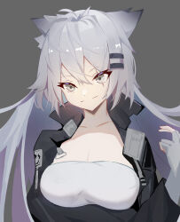 Rule 34 | 1girl, animal ears, arknights, black jacket, breasts, commentary, dated commentary, fingerless gloves, gloves, grey background, grey eyes, grey gloves, grey hair, hair ornament, hairclip, hand up, highres, jacket, lappland (arknights), large breasts, long hair, looking at viewer, open clothes, open jacket, scar, scar across eye, simple background, smile, solo, strapless, tube top, twilight (cgkk4357), upper body, very long hair, wolf ears