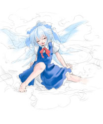 Rule 34 | 1girl, barefoot, blue dress, blue hair, bow, cirno, closed eyes, dress, embodiment of scarlet devil, female focus, full body, hair ribbon, ice, ribbon, short hair, simple background, sitting, smile, solo, touhou, white background, wings