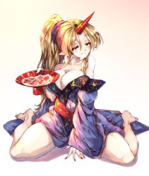 Rule 34 | 1girl, alcohol, bare shoulders, barefoot, big hair, blue kimono, blush, breasts, closed mouth, cup, eyes visible through hair, fingernails, full body, gradient background, half-closed eyes, highres, horns, hoshiguma yuugi, hoshiguma yuugi (kimono), japanese clothes, kimono, large breasts, leaf print, legs, nail polish, off shoulder, parted bangs, pointy ears, ponytail, red horns, red nails, sakazuki, sake, sash, sidelocks, sideways glance, single horn, sitting, smile, solo, star (symbol), star print, sunnysideup, thighs, tipsy, touhou, wariza, white background, wide sleeves