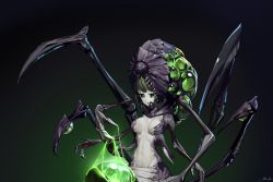 Rule 34 | 1girl, abathur, alien, black sclera, breasts, brown hair, claws, colored sclera, commentary, commission, dark background, extra arms, gradient background, green background, green eyes, highres, looking at viewer, medium breasts, monster, monster girl, navel, overlord (overlord80000), personification, sharp teeth, signature, solo, starcraft, stomach, teeth, zerg (starcraft)