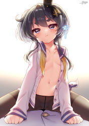 Rule 34 | 1girl, absurdres, black eyes, black hair, black pantyhose, blue sailor collar, blush, breasts, closed mouth, collarbone, dress, girl on top, highres, kantai collection, navel, neckerchief, open clothes, open dress, pantyhose, pout, sailor collar, sailor dress, short hair with long locks, signature, small breasts, solo focus, tokitsukaze (kancolle), white dress, yellow neckerchief, yufukiri