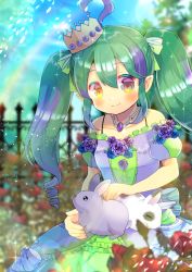 Rule 34 | ahoge, animal, bare shoulders, blue flower, blue rose, blurry, blurry background, bow, breasts, brown eyes, closed mouth, collarbone, commentary request, crown, day, depth of field, dress, fence, flower, green bow, green hair, hair between eyes, hair bow, indie virtual youtuber, kou hiyoyo, long hair, looking at viewer, mini crown, multicolored hair, off-shoulder dress, off shoulder, outdoors, puffy short sleeves, puffy sleeves, purple dress, purple flower, purple hair, purple rose, rabbit, rainbow, red flower, red rose, ringlets, rose, short sleeves, shrike exe, small breasts, smile, solo, streaked hair, tilted headwear, twintails, very long hair, virtual youtuber