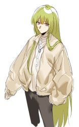 Rule 34 | 1boy, alternate costume, androgynous, casual, contemporary, cowboy shot, enkidu (fate), fate/grand order, fate (series), green hair, jacket, jewelry, kingu (fate), long hair, maka (mksrw), male focus, necklace, purple eyes, sleeves past wrists, solo, very long hair