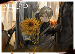 Rule 34 | 1girl, 2boys, black coat, black gloves, black shirt, black sweater, black vest, blonde hair, bouquet, character name, coat, flower, glasses, gloves, grey jacket, hand on another&#039;s shoulder, holding, holding bouquet, jacket, library of ruina, long sleeves, multiple boys, necktie, nishikujic, parted lips, philip (project moon), project moon, rectangular eyewear, salvador (project moon), shirt, short hair, sitting, suit jacket, sunflower, sweater, translation request, turtleneck, turtleneck sweater, vest, white necktie, white shirt, yellow eyes, yuna (project moon)