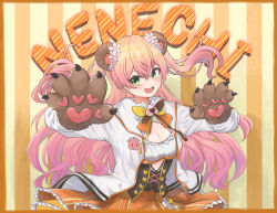 Rule 34 | 1girl, absurdres, animal ears, bear ears, bear paws, blonde hair, breasts, cleavage, cleavage cutout, clothing cutout, fang, flower, gradient hair, hair flower, hair ornament, highres, hololive, jacket, large breasts, long hair, midoku (itijikusakura), momosuzu nene, multicolored hair, open mouth, orange skirt, pink hair, skirt, smile, solo, striped, striped background, upper body, virtual youtuber, white jacket