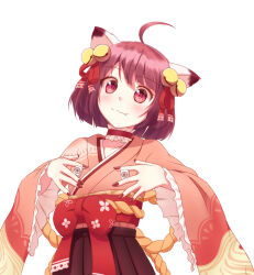 Rule 34 | 1girl, :3, ahoge, animal ears, bell, blush, bow, brown hair, brown nails, brown skirt, cat ears, cat girl, closed mouth, commentary request, cowboy shot, fang, fang out, fingernails, flat chest, frilled sleeves, frills, hair bell, hair ornament, hair ribbon, holding, holding mahjong tile, ichihime, japanese clothes, jingle bell, mahjong, mahjong soul, mahjong tile, medium bangs, obi, pink shirt, pleated skirt, red eyes, red ribbon, red sash, ribbon, sash, sexually suggestive, shirt, short hair, simple background, skirt, smile, solo, split mouth, tadayou kemuri, waist bow, white background, wide sleeves