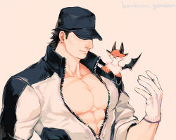 Rule 34 | 1boy, artist name, bara, black hair, black jacket, closed mouth, dragon, gloves, hat, henkyo garden, high collar, jacket, large pectorals, male focus, mini dragon, multicolored clothes, multicolored jacket, muscular, muscular male, original, partially unzipped, pectorals, short hair, smile, two-tone jacket, upper body, white gloves, white jacket, zipper, zipper pull tab